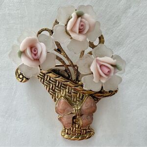 Vintage Gold Tone Porcelain Rose Basket Inlaid Enamel Bow Brooch